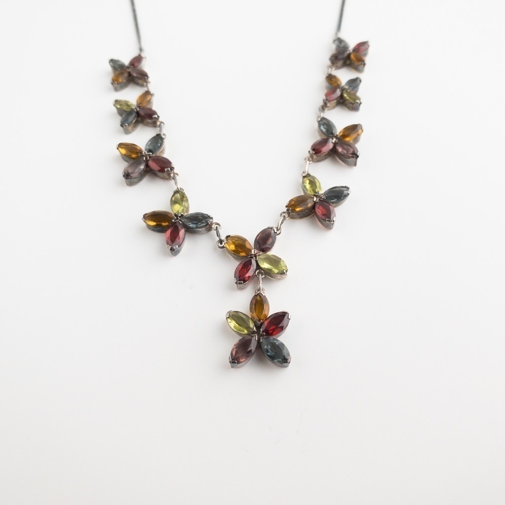 Vintage Sterling Silver Necklace Y Shape Multicolor Glass Stones Floral Pattern